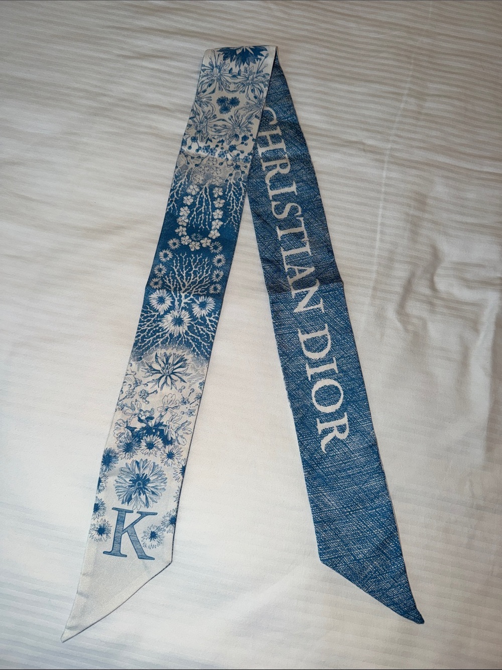 Dior Blue & White Floral Silk Twilly with CHRISTIAN DIOR Script